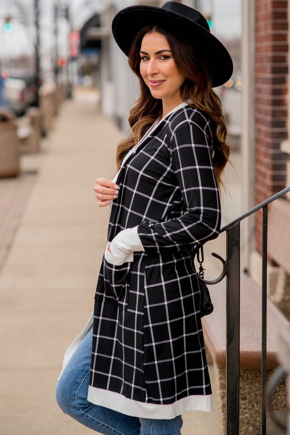 Black Plaid Colorblock Edge Open Cardigan with Pocket - Premium Sweaters & Cardigans/Cardigans from Momma Done Gone Crafty- Just $18.60! Shop now at Momma Done Gone Crafty