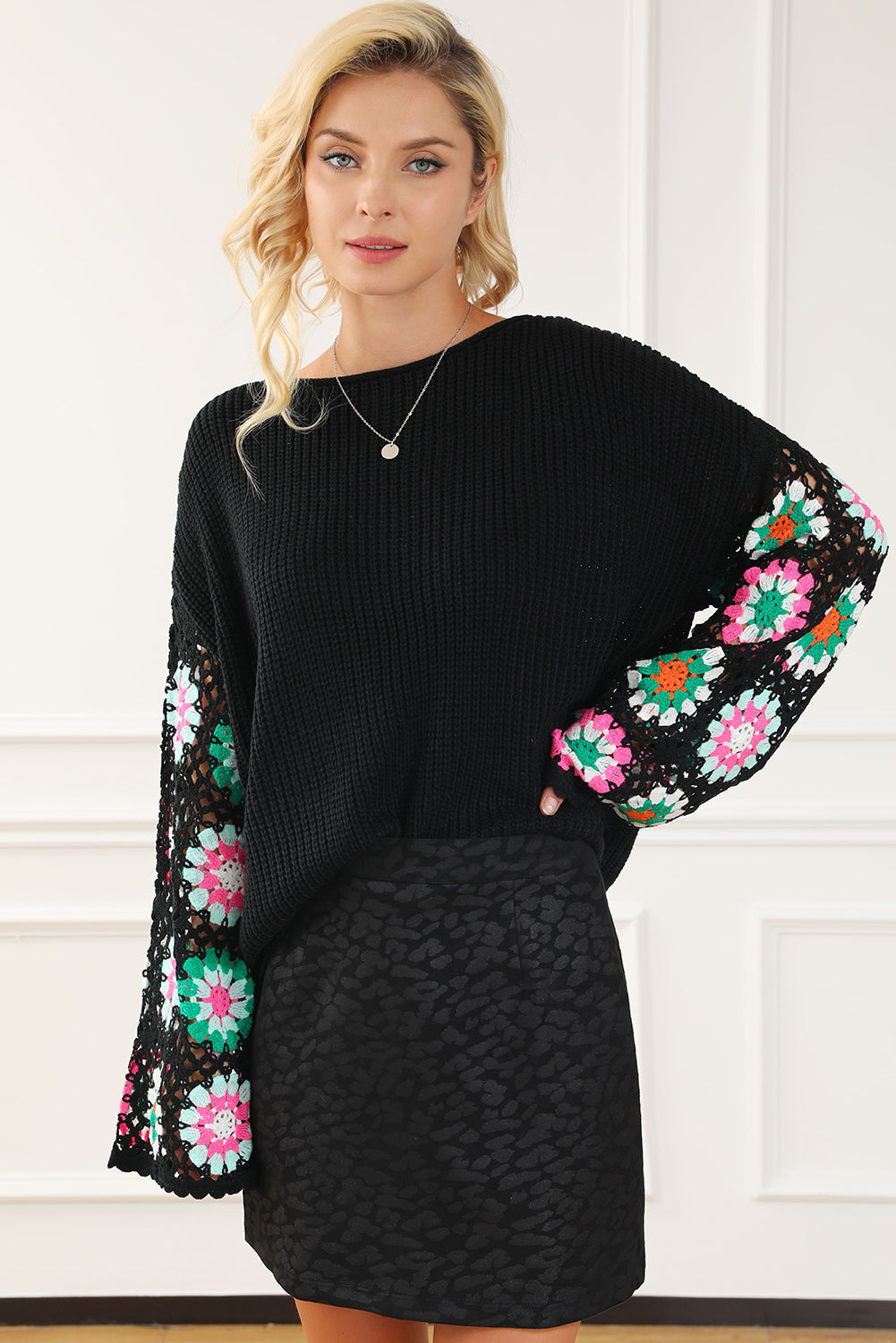 Black Floral Crochet Bell Sleeve Loose Sweater - Premium Tops from Momma Done Gone Crafty- Just $52.99! Shop now at Momma Done Gone Crafty