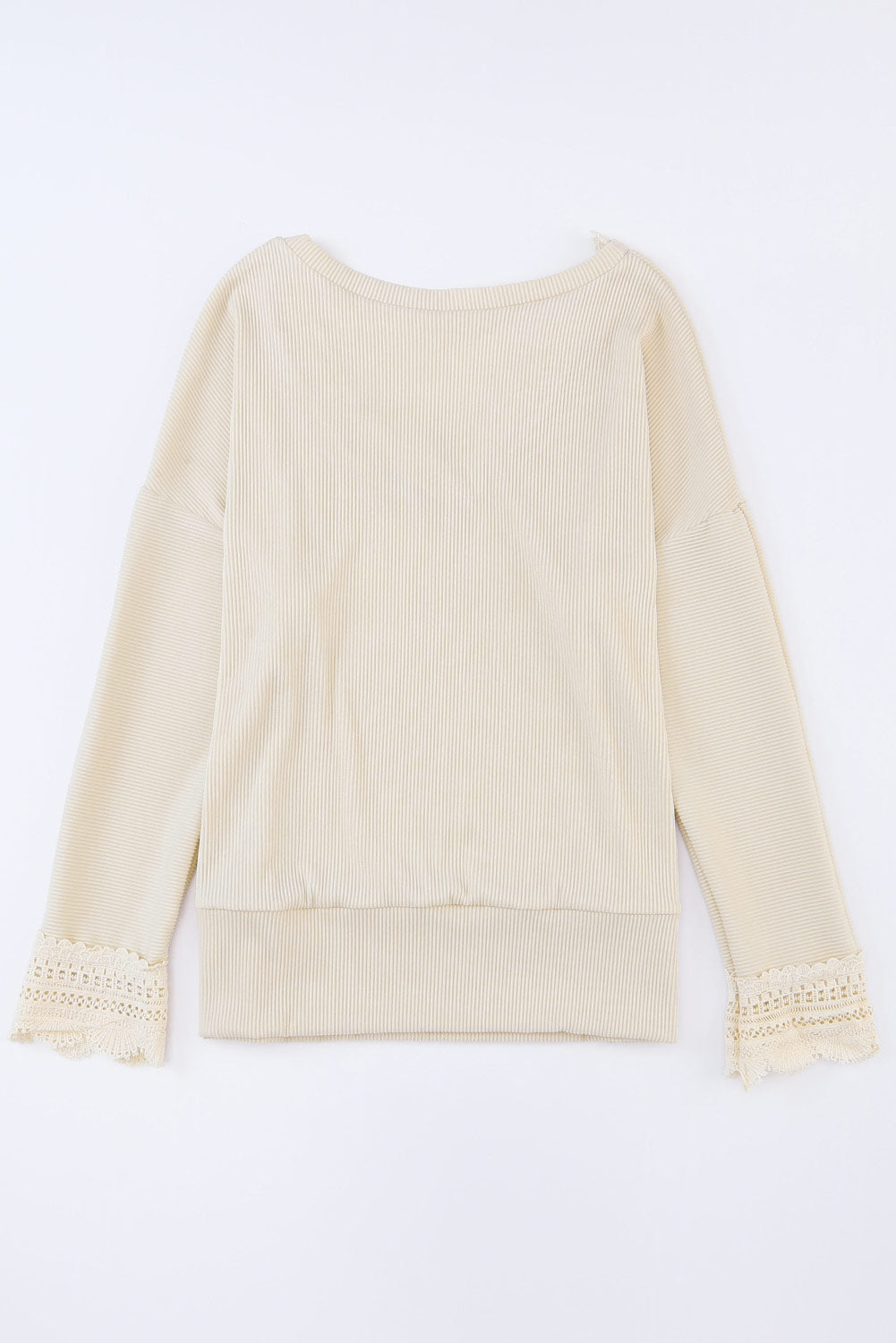 Apricot Ribbed Texture Lace Trim V Neck Long Sleeve Top - Premium Tops from Momma Done Gone Crafty- Just $30.60! Shop now at Momma Done Gone Crafty