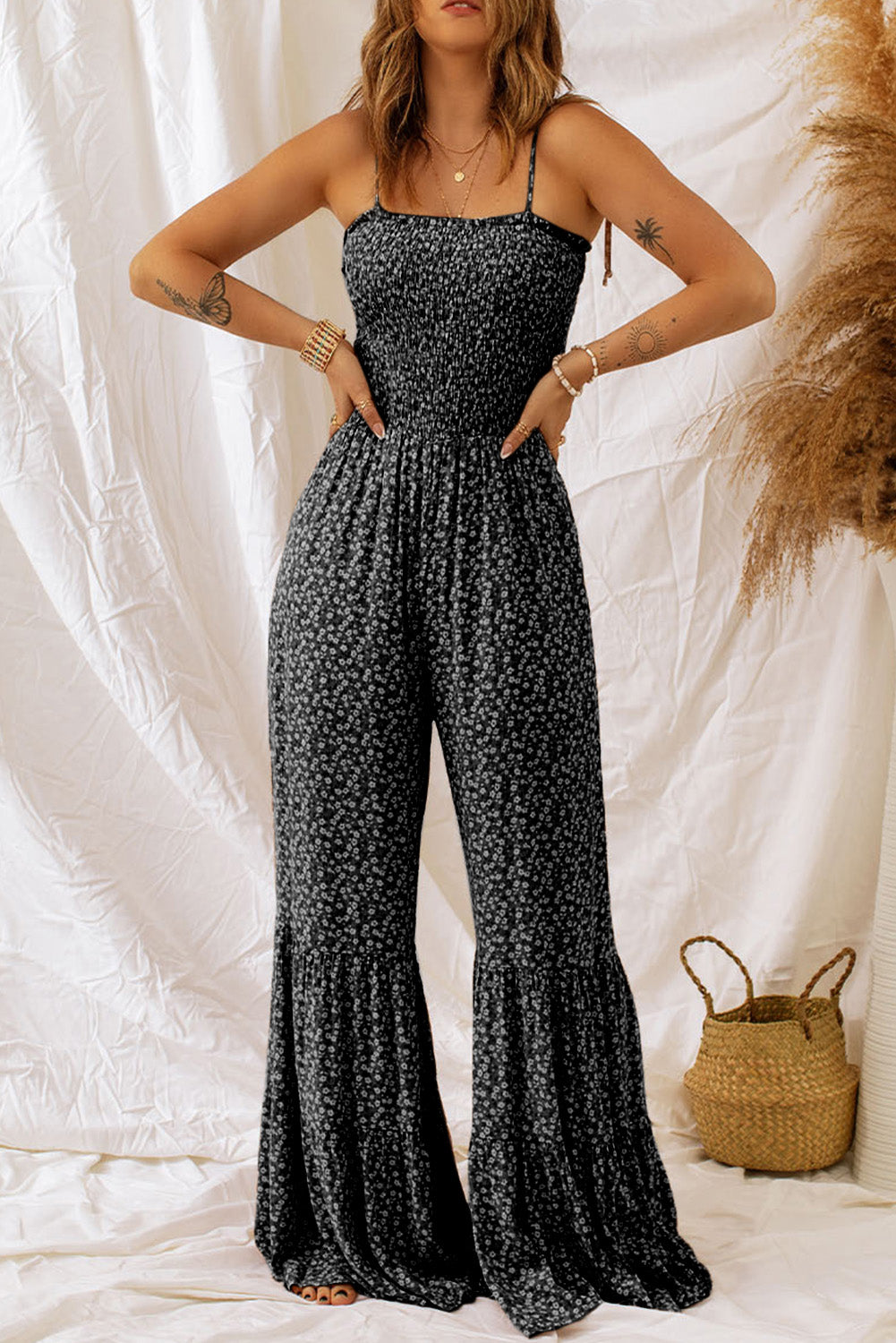 Black Thin Straps Smocked Bodice Wide Leg Floral Jumpsuit - Premium Bottoms/Jumpsuits & Rompers from Momma Done Gone Crafty- Just $30.99! Shop now at Momma Done Gone Crafty