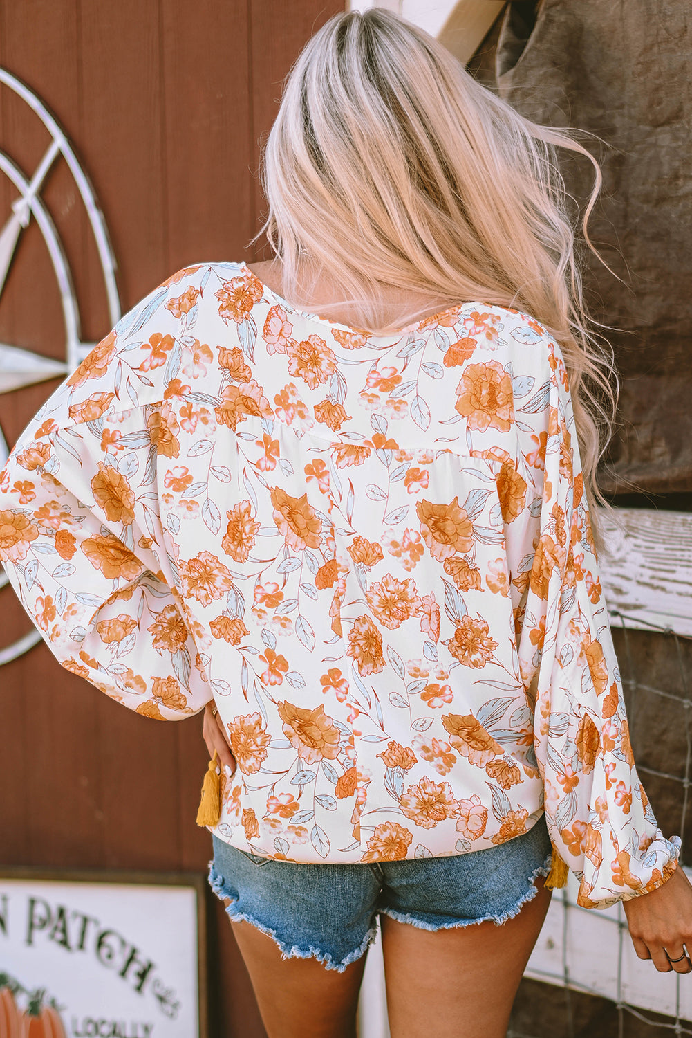 White Tassel Tie V Neck Bubble Sleeve Floral Blouse - Premium Tops from Momma Done Gone Crafty- Just $34.23! Shop now at Momma Done Gone Crafty
