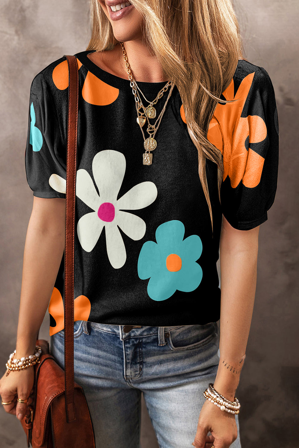 Black Flower Print Bubble Sleeve Tee - Premium Tops/Tops & Tees from Momma Done Gone Crafty- Just $16.99! Shop now at Momma Done Gone Crafty