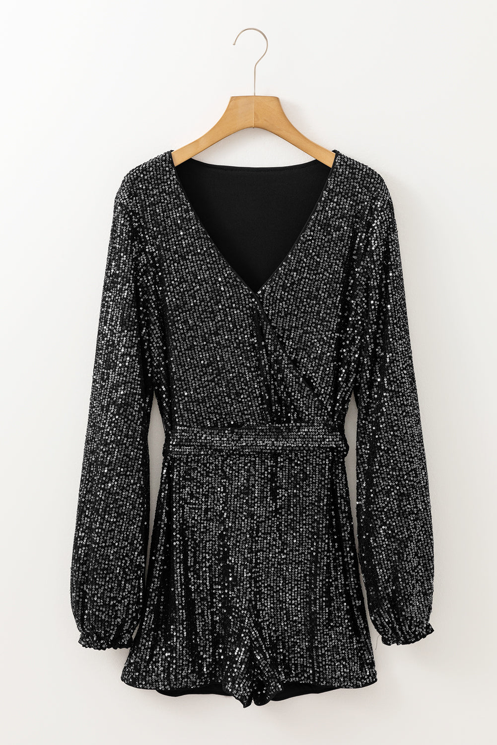 Black Sequined V Neck Wrapped Long Sleeve Romper - Premium Bottoms/Jumpsuits & Rompers from Ashes 2 Wildflowers Boutique, LLC- Just $64.98! Shop now at Ashes 2 Wildflowers Boutique, LLC