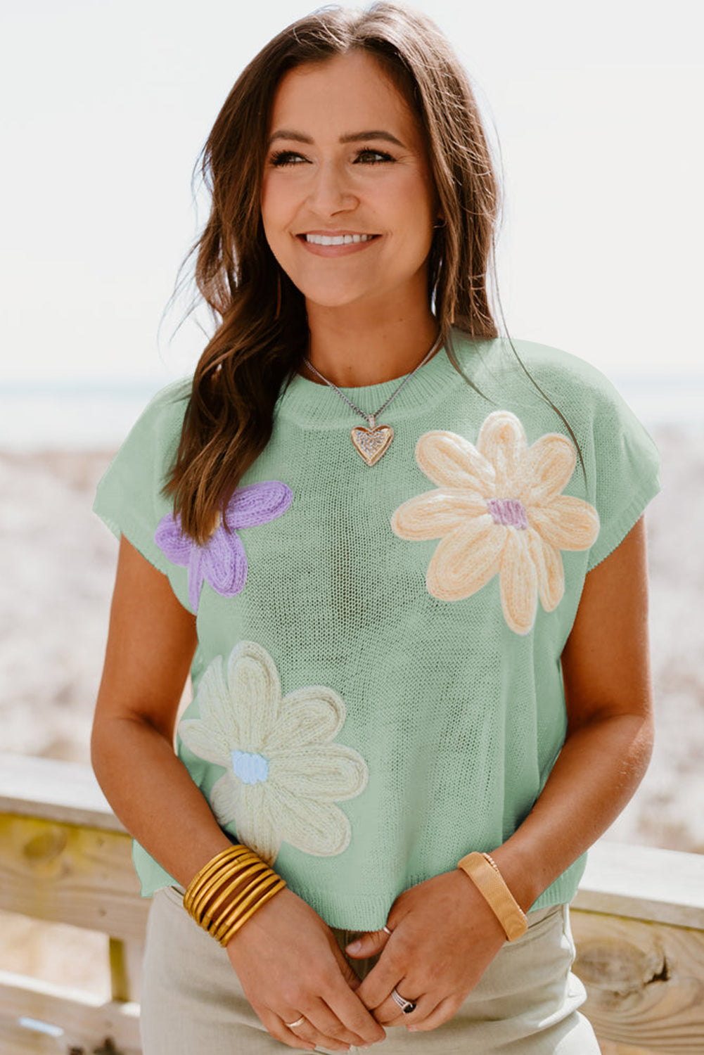 Moonlight Jade Multi Crochet Flower Knit Short Sleeve Sweater Top - Premium Sweaters & Cardigans/Short Sleeve Sweaters from Momma Done Gone Crafty- Just $27.69! Shop now at Momma Done Gone Crafty