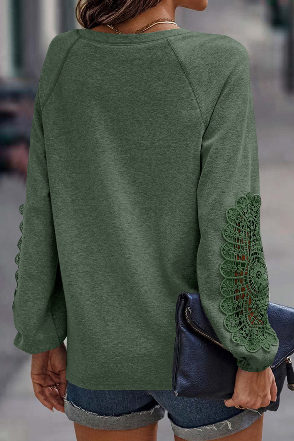 Green Crochet Lace Patch Raglan Sleeve Top - Premium Tops from Momma Done Gone Crafty- Just $34.99! Shop now at Momma Done Gone Crafty