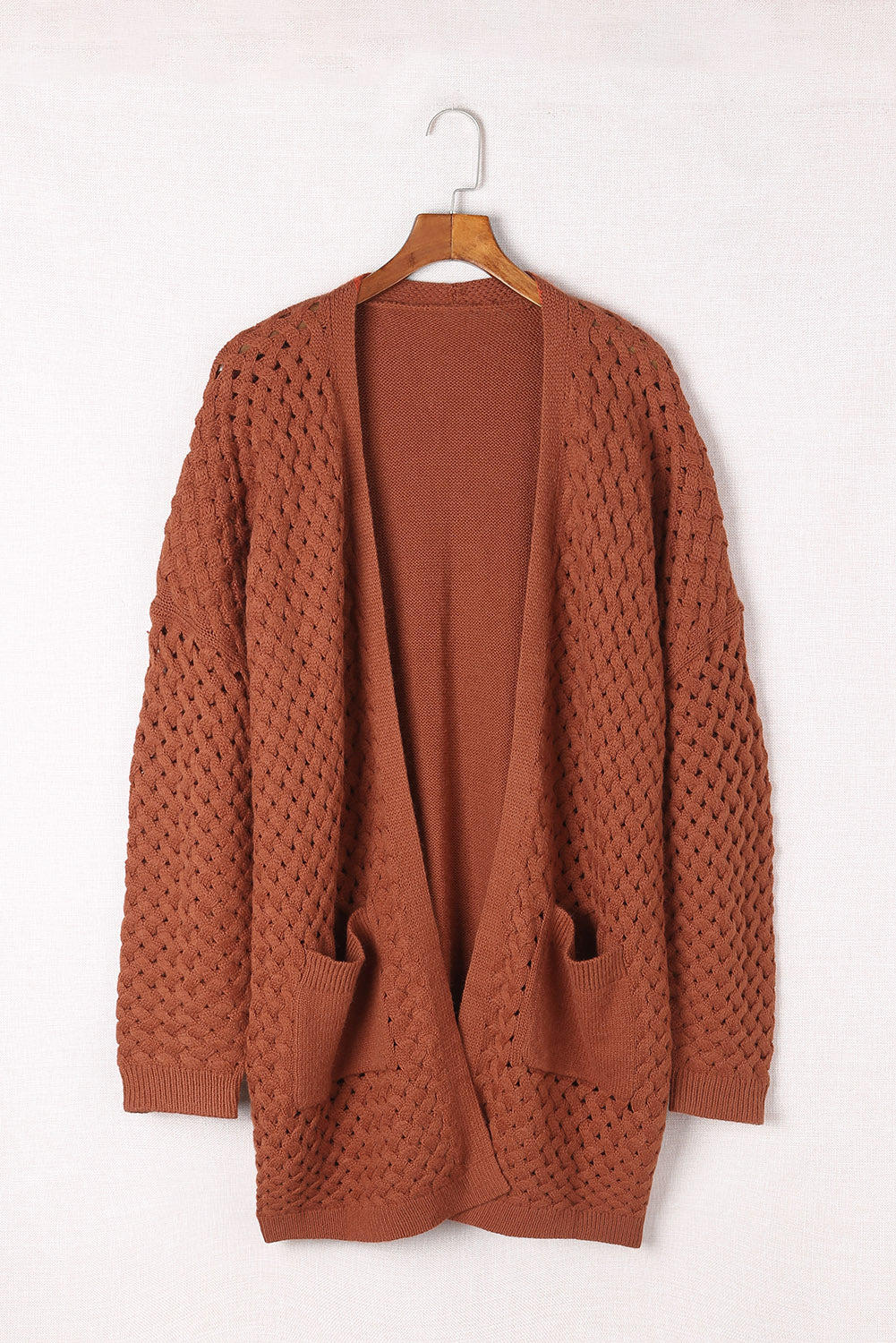 Brown Open Front Woven Texture Knitted Cardigan with Pockets - Premium Tops from Momma Done Gone Crafty- Just $38.00! Shop now at Momma Done Gone Crafty