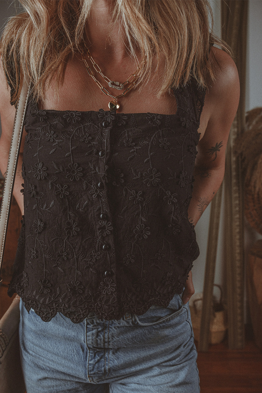 Black Floral Embroidered Buttoned Square Neck Tank Top - Premium Tops/Tank Tops from Ashes 2 Wildflowers Boutique, LLC- Just $21.93! Shop now at Ashes 2 Wildflowers Boutique, LLC