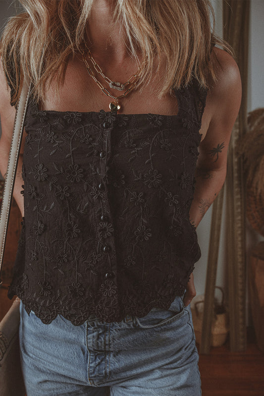 Black Floral Embroidered Buttoned Square Neck Tank Top - Premium Tops/Tank Tops from Ashes 2 Wildflowers Boutique, LLC- Just $21.93! Shop now at Ashes 2 Wildflowers Boutique, LLC