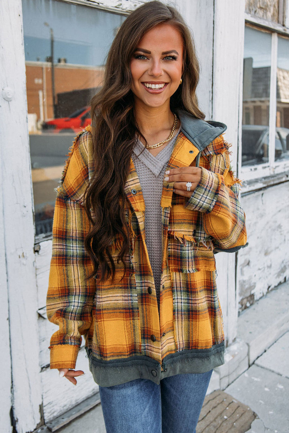 Orange Plaid Patch Hooded Frayed Snap Button Jacket - Premium Outerwear from Momma Done Gone Crafty- Just $52.62! Shop now at Momma Done Gone Crafty