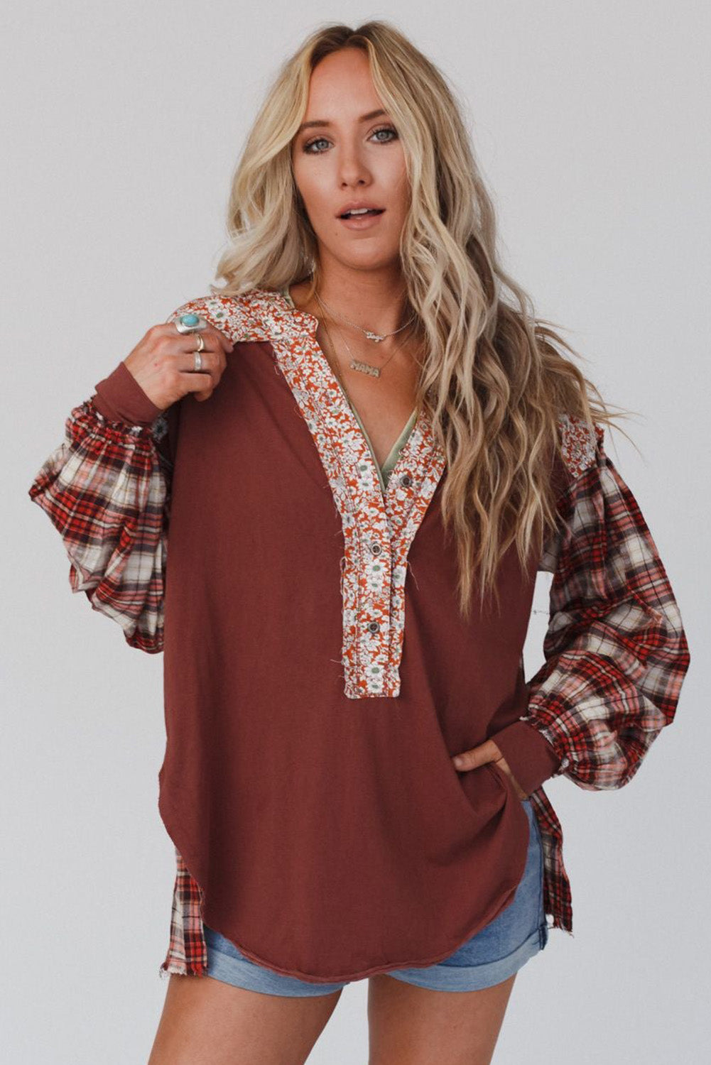 Red Floral Plaid Mixed Print Bishop Sleeve Patchwork Top - Premium Tops from Momma Done Gone Crafty- Just $61.11! Shop now at Momma Done Gone Crafty