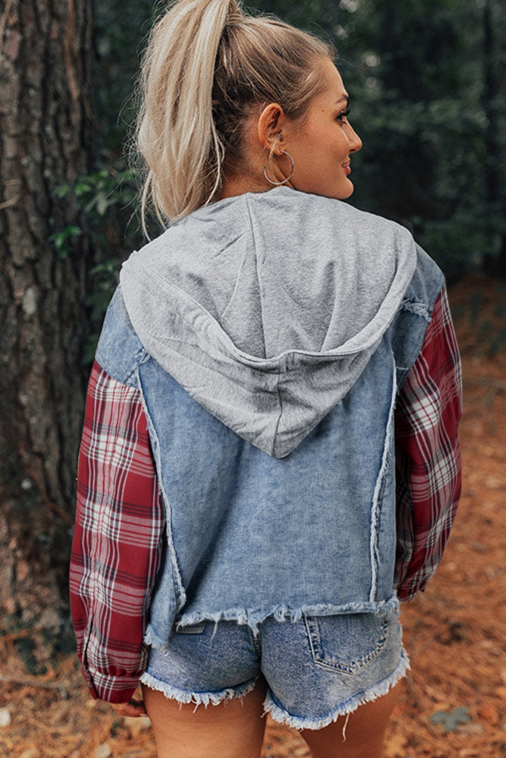 Beau Blue Plaid Print Patchwork Hooded Raw Hem Denim Jacket - Premium Outerwear/Denim jackets from Ashes 2 Wildflowers Boutique, LLC- Just $34.30! Shop now at Ashes 2 Wildflowers Boutique, LLC