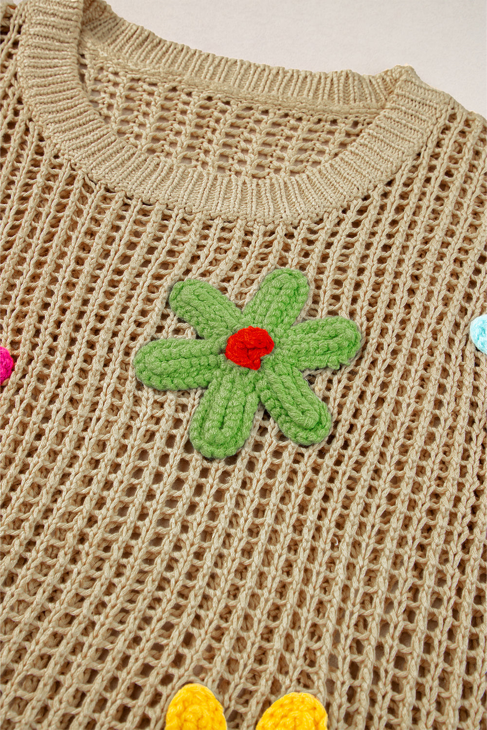 Light French Beige Crochet Flower Hollow-out Sweater T Shirt - Premium Sweaters & Cardigans/Short Sleeve Sweaters from Momma Done Gone Crafty- Just $33.06! Shop now at Momma Done Gone Crafty