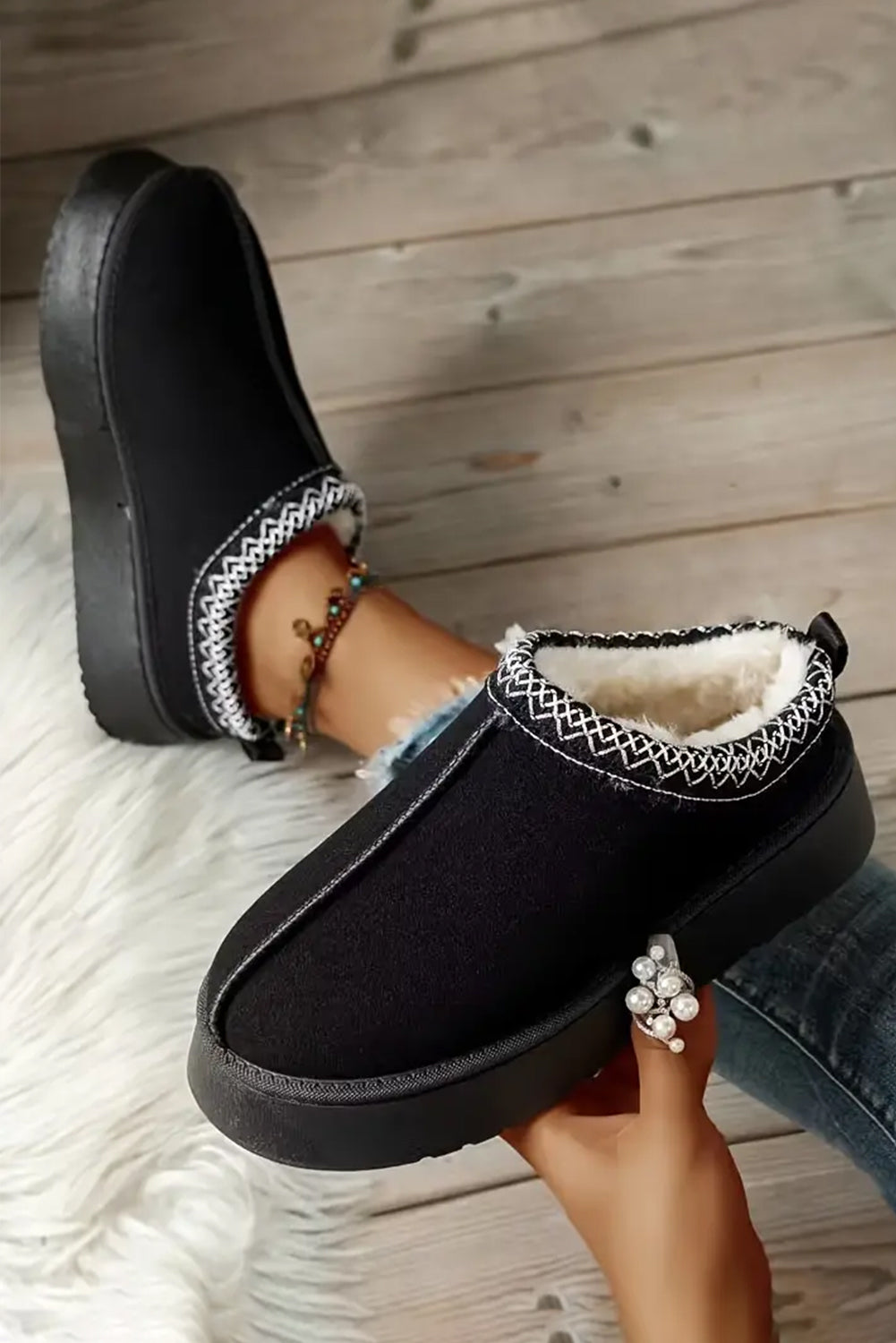 Black Contrast Print Suede Plush Lined Snow Boots - Premium Shoes & Bags/Boots from Momma Done Gone Crafty- Just $20.94! Shop now at Momma Done Gone Crafty