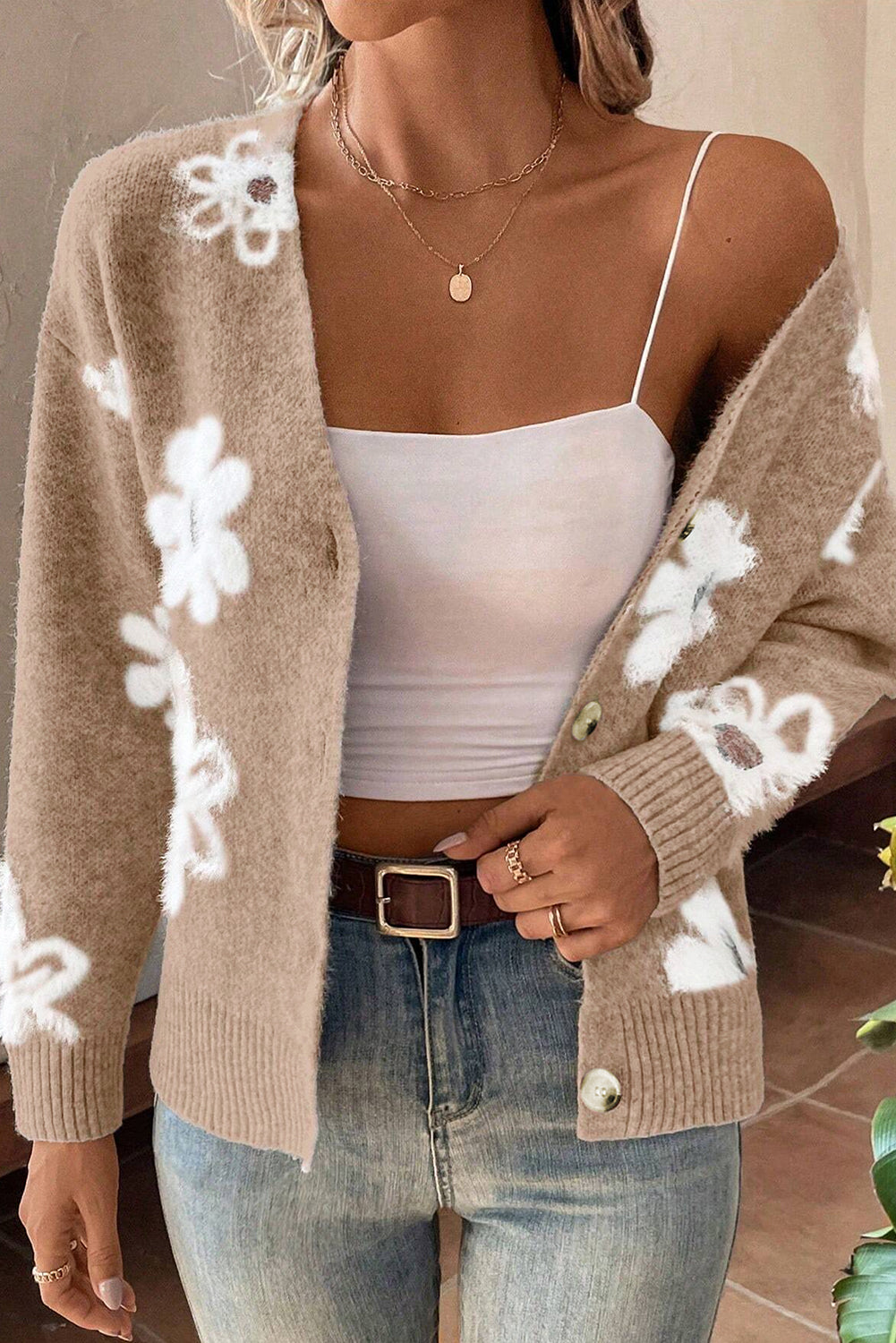 Smoke Gray Floral Print V Neck Knitted Button up Cardigan - Premium Sweaters & Cardigans/Cardigans from Momma Done Gone Crafty- Just $33.60! Shop now at Momma Done Gone Crafty