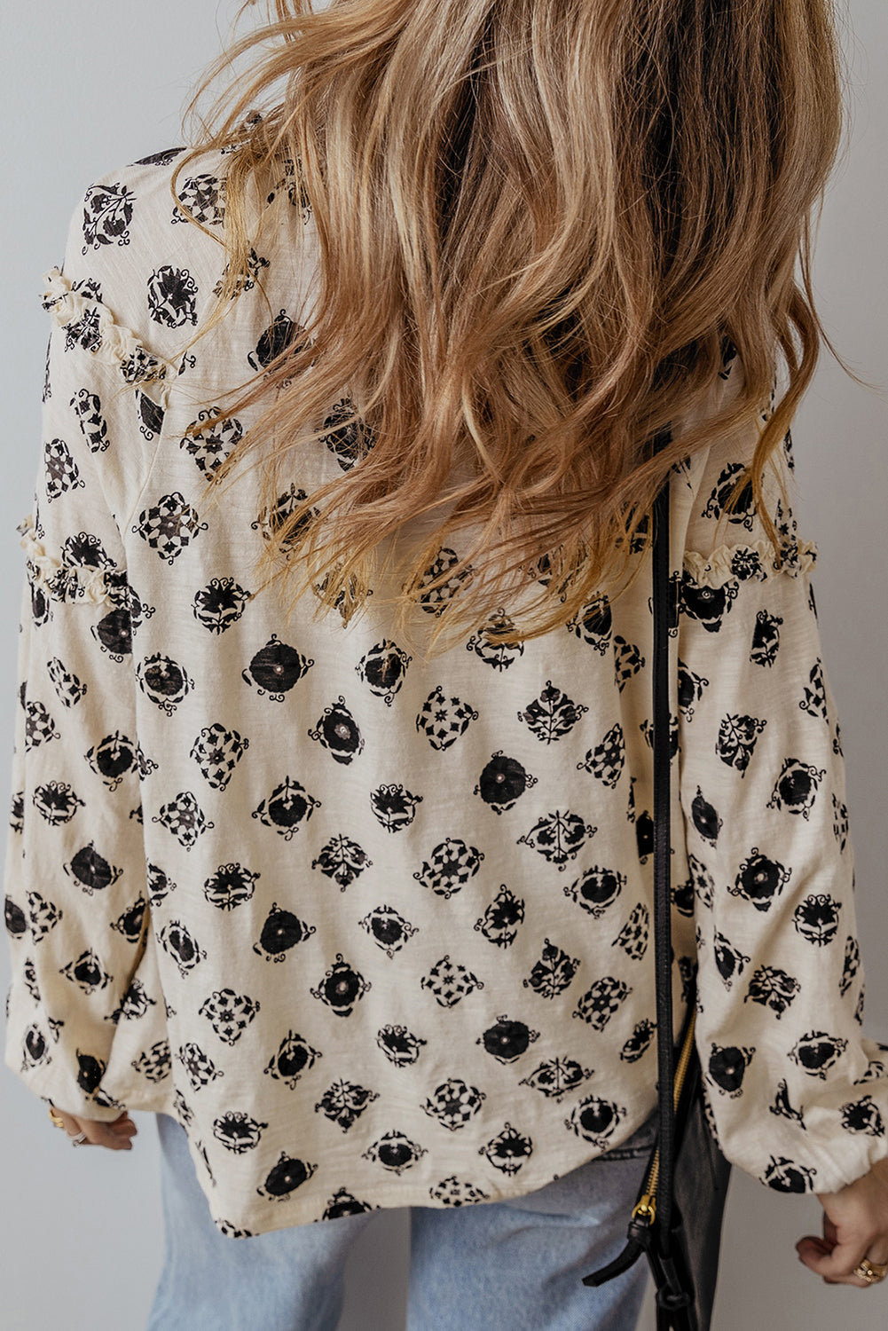White Printed Split Neck Bubble Sleeve Loose Blouse - Premium Tops/Blouses & Shirts from Ashes 2 Wildflowers Boutique, LLC- Just $19.38! Shop now at Ashes 2 Wildflowers Boutique, LLC