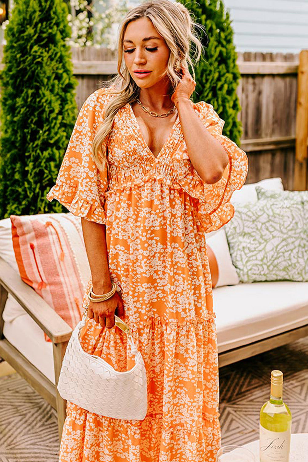 Orange Floral Print Smocked V Neck Wide Sleeve Maxi Dress - Premium Dresses/Floral Dresses from Momma Done Gone Crafty- Just $55.99! Shop now at Momma Done Gone Crafty