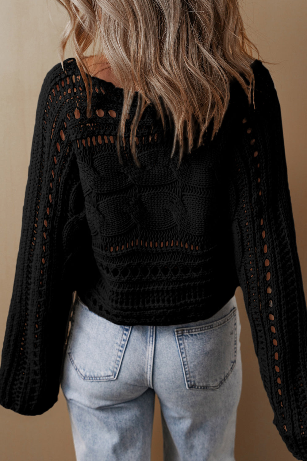 Black Hollow-out Cable Knit Cropped Sweater - Premium Sweaters & Cardigans/Sweaters from Momma Done Gone Crafty- Just $35.85! Shop now at Momma Done Gone Crafty