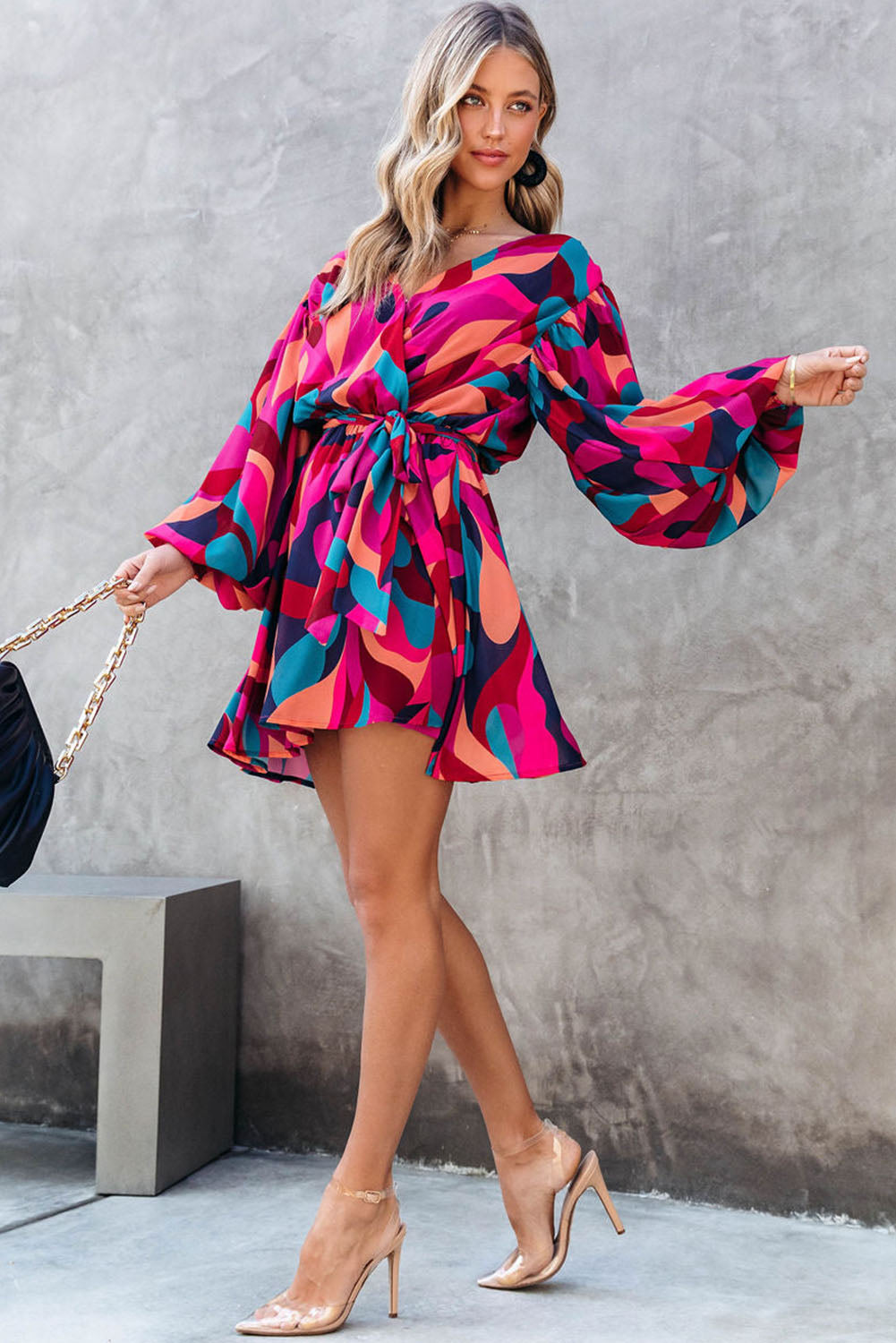Red Abstract Printed Belted Puff Sleeve Mini Dress - Premium Dresses from Momma Done Gone Crafty- Just $49.94! Shop now at Momma Done Gone Crafty