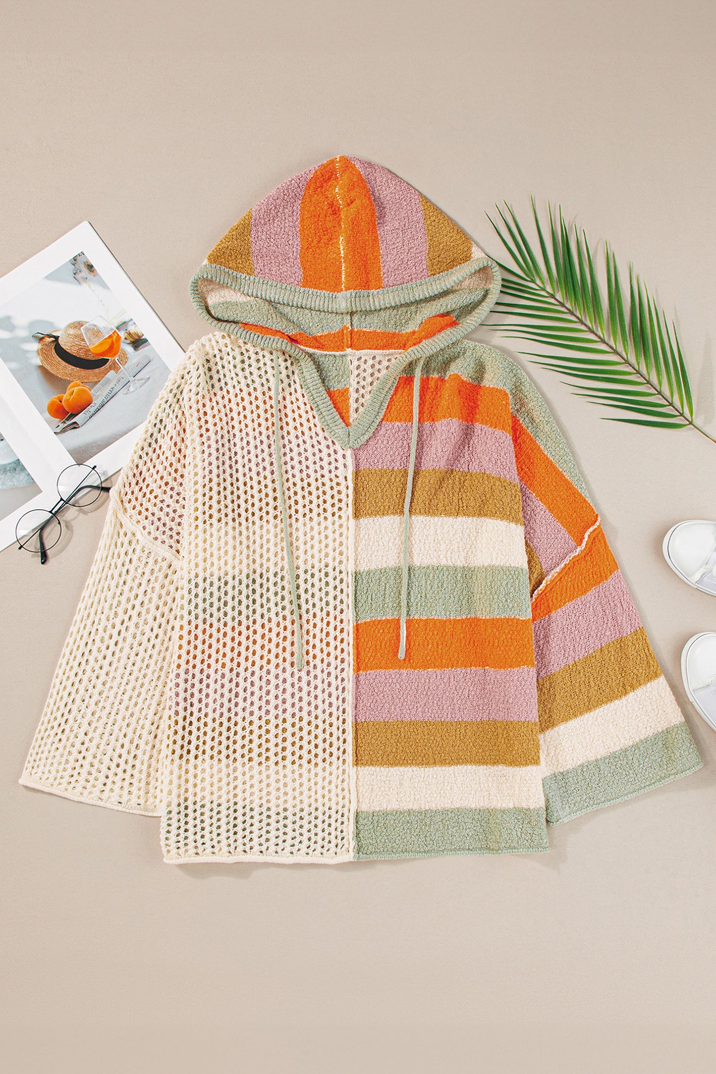 DEAR-LOVER Beige Oversized Colorblock V Neck Hooded Sweater