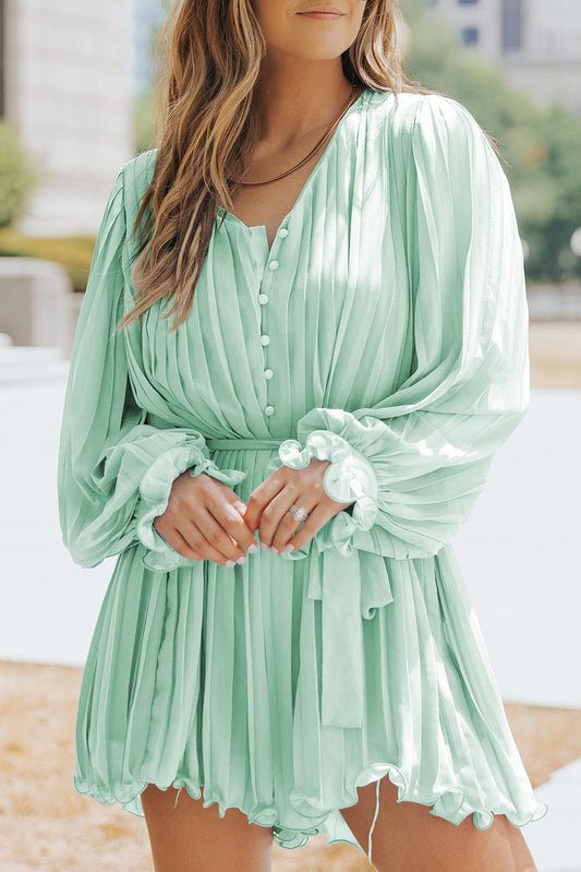Green Pleated Ruffled Tie Waist Buttons V Neck Romper - Premium Bottoms from Momma Done Gone Crafty- Just $58.99! Shop now at Momma Done Gone Crafty