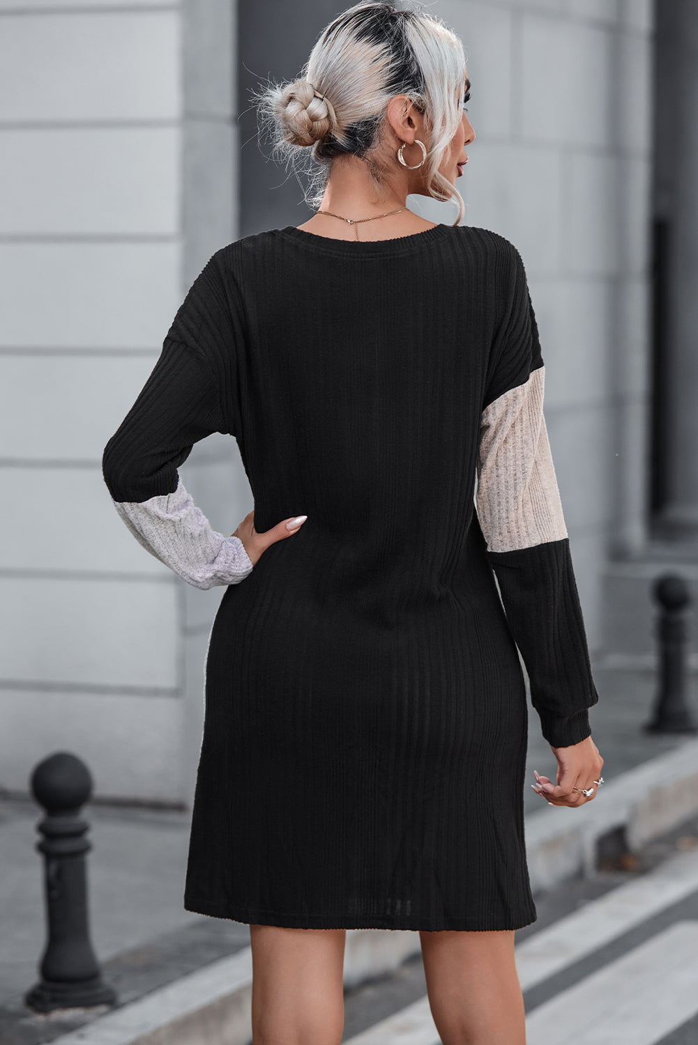 Black Ribbed Color Block Drop Shoulder Long Sleeve Mini Dress - Premium Dresses from Momma Done Gone Crafty- Just $26.99! Shop now at Momma Done Gone Crafty