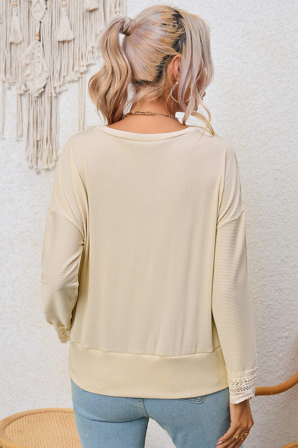 Apricot Ribbed Texture Lace Trim V Neck Long Sleeve Top - Premium Tops from Momma Done Gone Crafty- Just $30.60! Shop now at Momma Done Gone Crafty