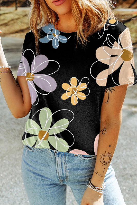 Black Summer Flower Print Casual Round Neck T Shirt - Premium Tops/Tops & Tees from Ashes 2 Wildflowers Boutique, LLC- Just $25.22! Shop now at Ashes 2 Wildflowers Boutique, LLC