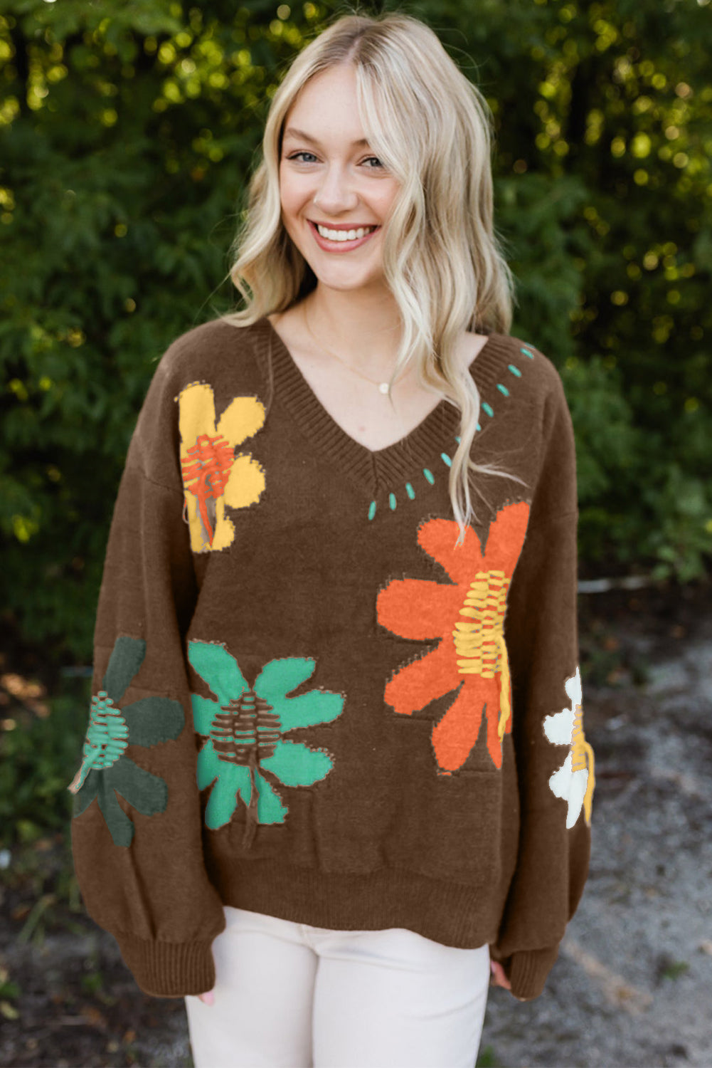 Coffee Big Flower Pattern V Neck Drop Shoulder Sweater - Premium Sweaters & Cardigans/Sweaters from Ashes 2 Wildflowers Boutique, LLC- Just $39.28! Shop now at Ashes 2 Wildflowers Boutique, LLC