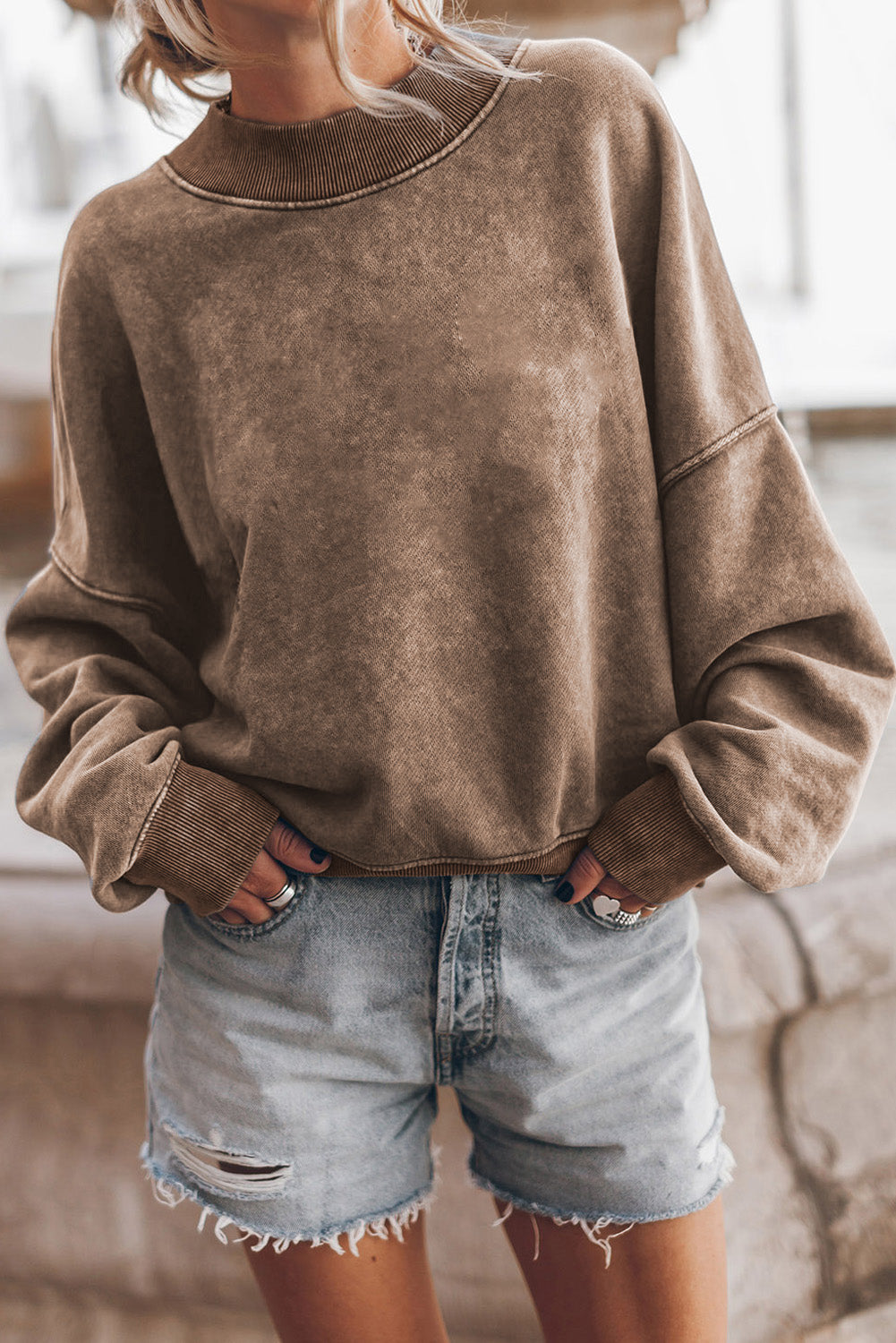 Brown Drop Shoulder Crew Neck Pullover Sweatshirt - Premium Tops/Sweatshirts & Hoodies from Ashes 2 Wildflowers Boutique, LLC- Just $34.18! Shop now at Ashes 2 Wildflowers Boutique, LLC