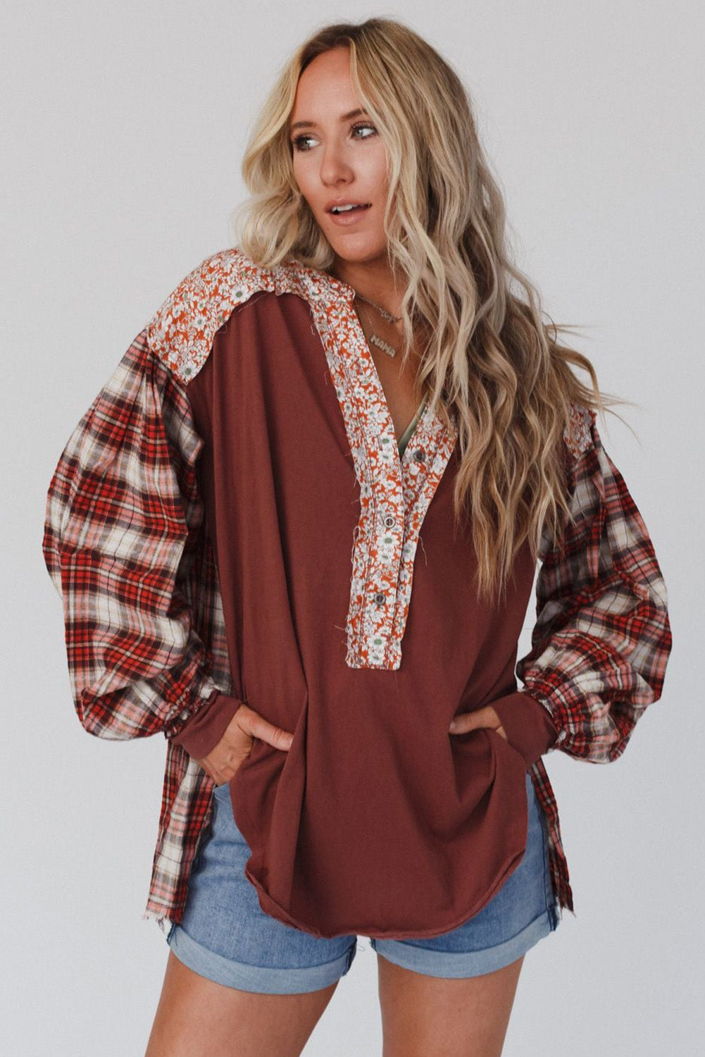 Red Floral Plaid Mixed Print Bishop Sleeve Patchwork Top - Premium Tops from Momma Done Gone Crafty- Just $61.11! Shop now at Momma Done Gone Crafty