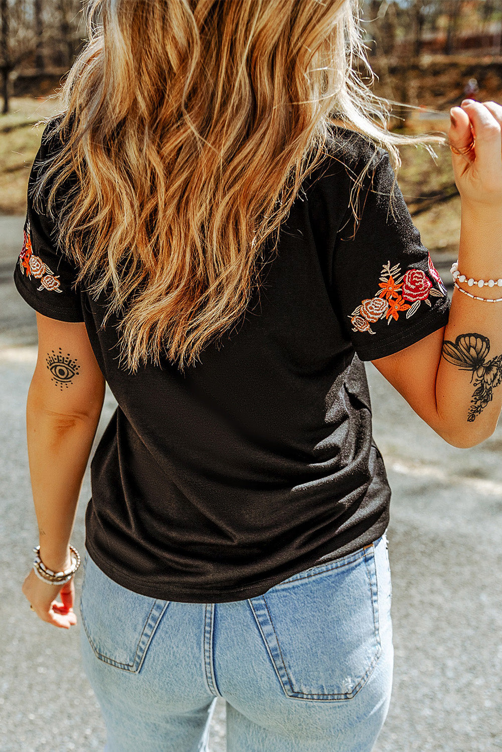Black Floral Embroidered Round Neck Short Sleeve T Shirt - Premium Tops from Momma Done Gone Crafty- Just $59.70! Shop now at Momma Done Gone Crafty