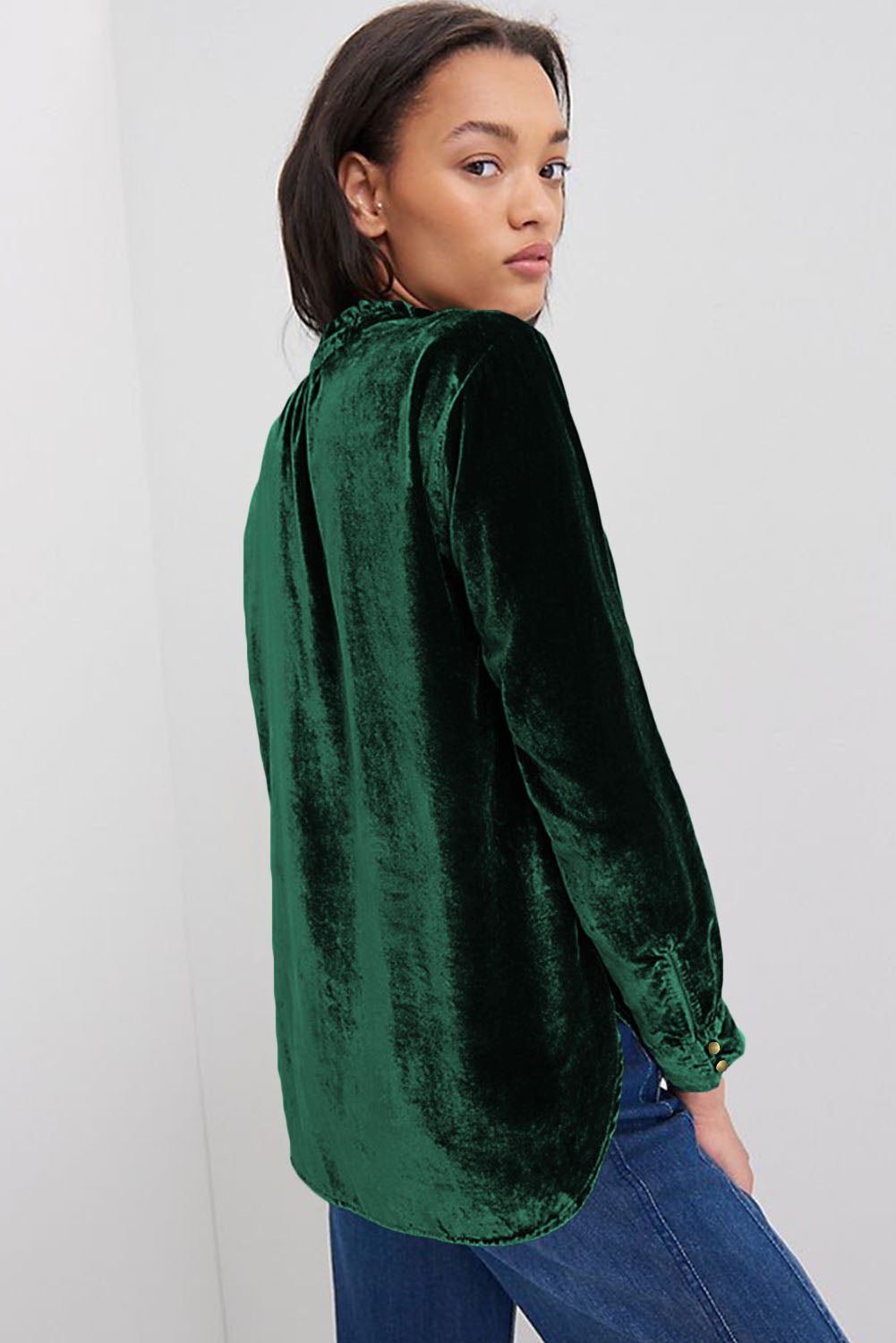 Blackish Green Frilled Neck Buttoned Front Velvet Top - Premium Tops from Momma Done Gone Crafty- Just $40.11! Shop now at Momma Done Gone Crafty