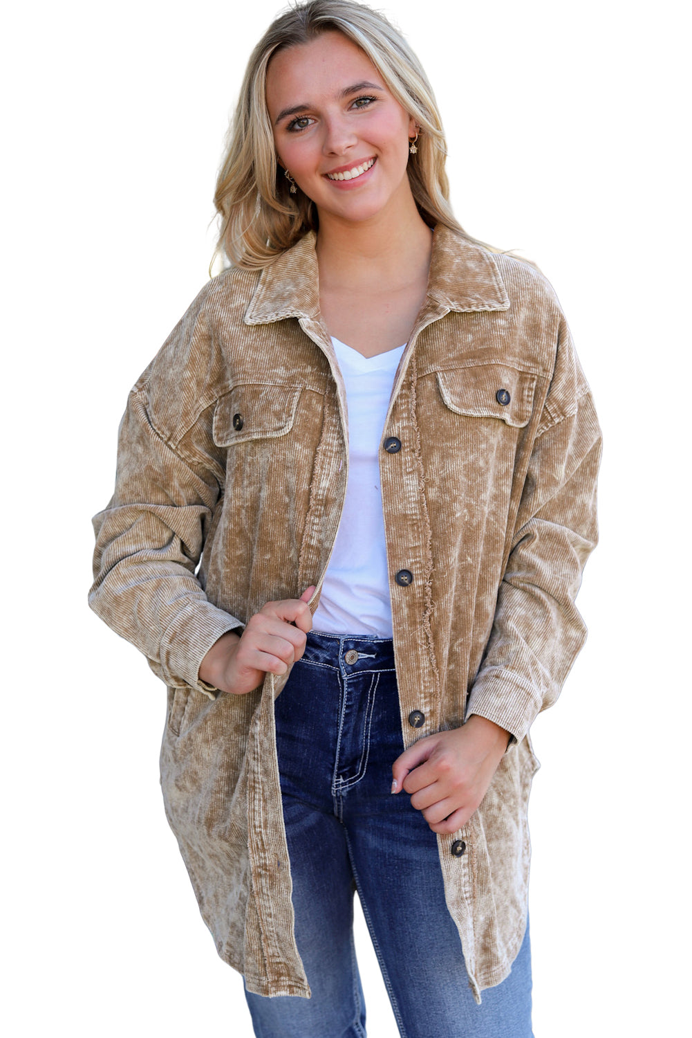 Khaki Vintage Distressed Mineral Wash Oversized Shacket - Premium Outerwear from Momma Done Gone Crafty- Just $61.50! Shop now at Momma Done Gone Crafty