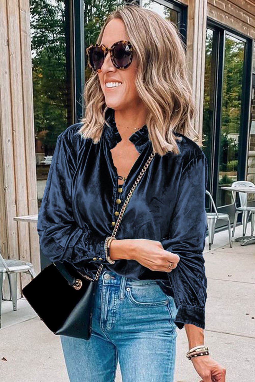 Navy Blue Frilled Neck Buttoned Front Velvet Top - Premium Tops from Momma Done Gone Crafty- Just $40.11! Shop now at Momma Done Gone Crafty