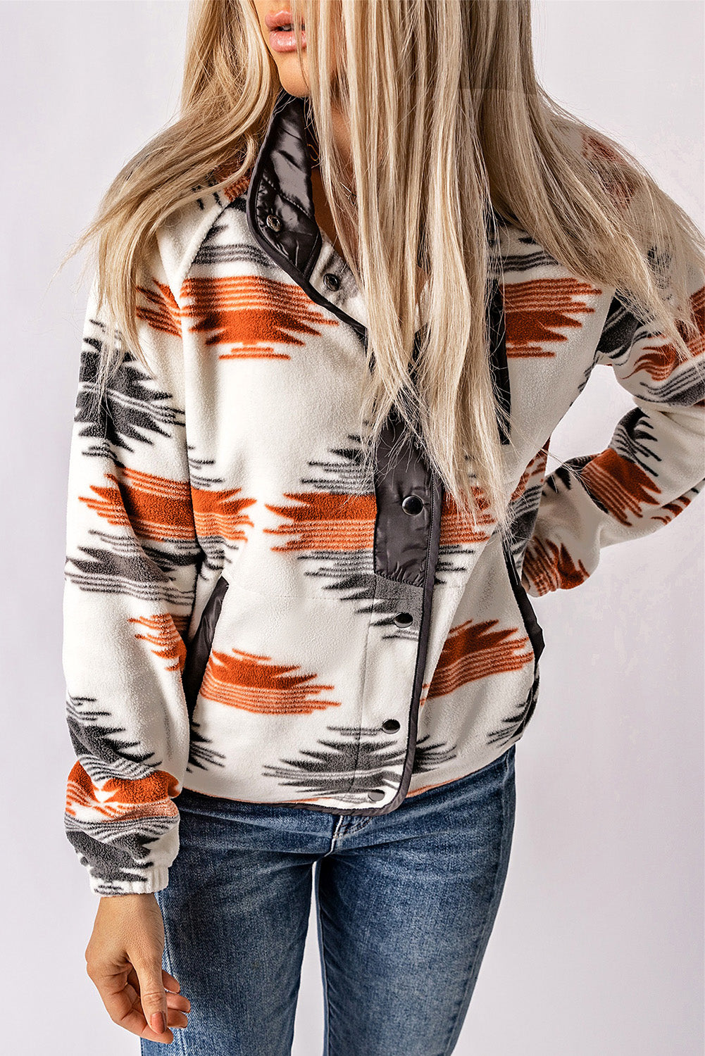 Gray Western Aztec Snap Buttoned Fleece Jacket - Premium Outerwear from Momma Done Gone Crafty- Just $47.70! Shop now at Momma Done Gone Crafty