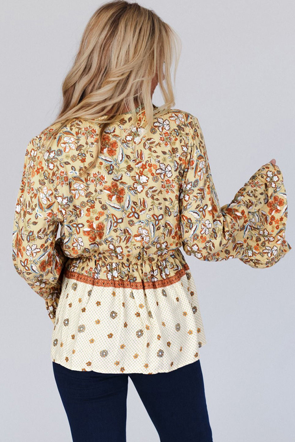 Yellow Printed Floral Bell Sleeve V Neck Wrapped Contrast Peplum Blouse - Premium Tops/Blouses & Shirts from Ashes 2 Wildflowers Boutique, LLC- Just $30.35! Shop now at Ashes 2 Wildflowers Boutique, LLC
