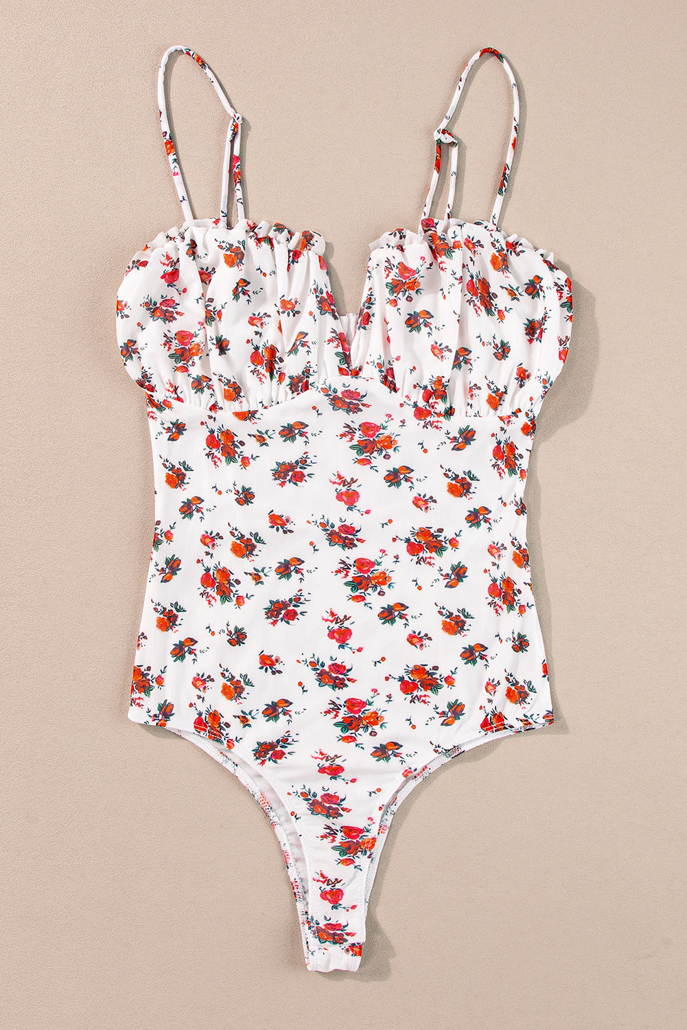 White Floral V Cut Frilled Trim Spaghetti Straps Bodysuit - Premium Tops/Bodysuits from Ashes 2 Wildflowers Boutique, LLC- Just $19.08! Shop now at Ashes 2 Wildflowers Boutique, LLC