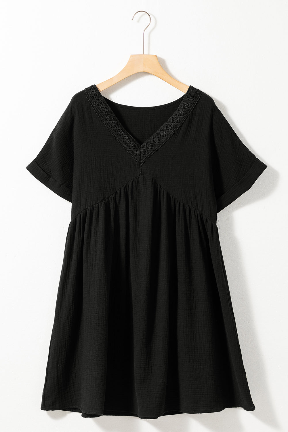 Black Folded Short Sleeve Lace V Neck Mini Dress - Premium Dresses/Mini Dresses from Momma Done Gone Crafty- Just $34! Shop now at Momma Done Gone Crafty