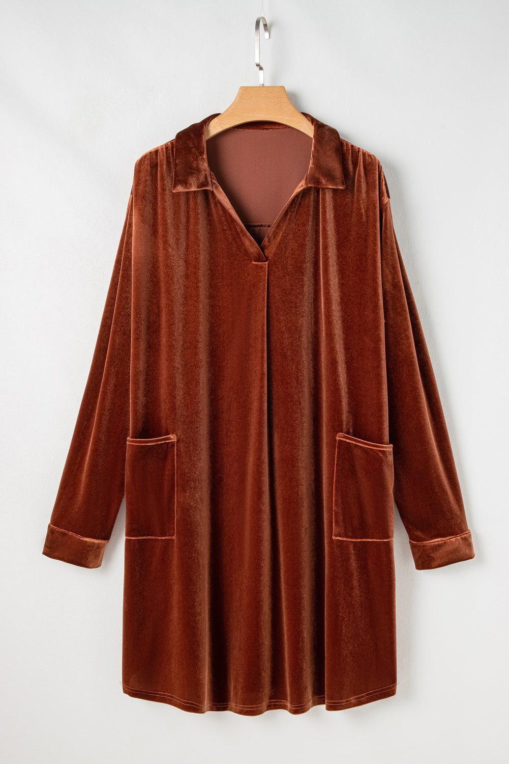 Coffee Plus Size V Neck Collared Pleated Back Rounded Hem Velvet Dress - Premium Plus Size/Plus Size Dresses/Plus Size Mini Dresses from Momma Done Gone Crafty- Just $30.45! Shop now at Momma Done Gone Crafty