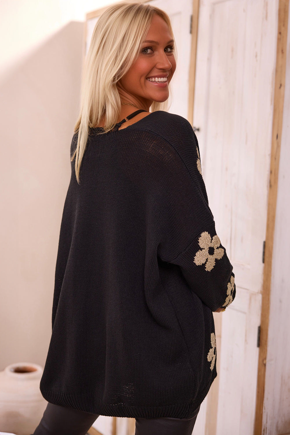 Black Floral Print Knitted Open Front Loose Cardigan - Premium Sweaters & Cardigans/Cardigans from Ashes 2 Wildflowers Boutique, LLC- Just $36.35! Shop now at Ashes 2 Wildflowers Boutique, LLC