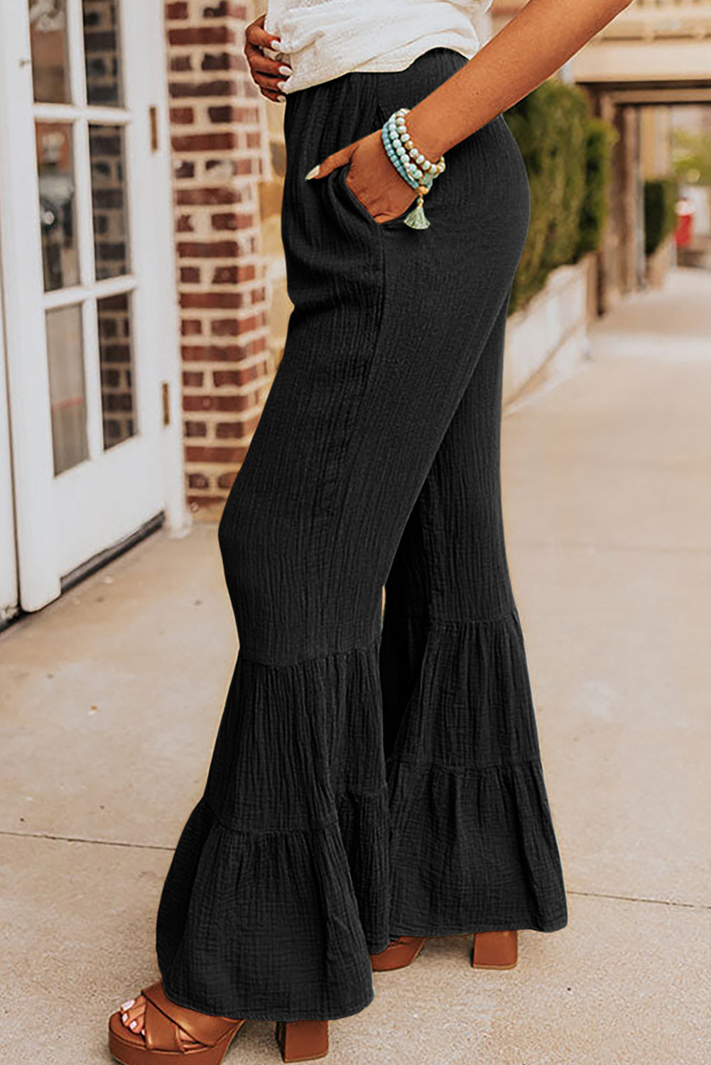 Black Textured High Waist Ruffled Bell Bottom Pants - Premium Bottoms from Momma Done Gone Crafty- Just $38.99! Shop now at Momma Done Gone Crafty