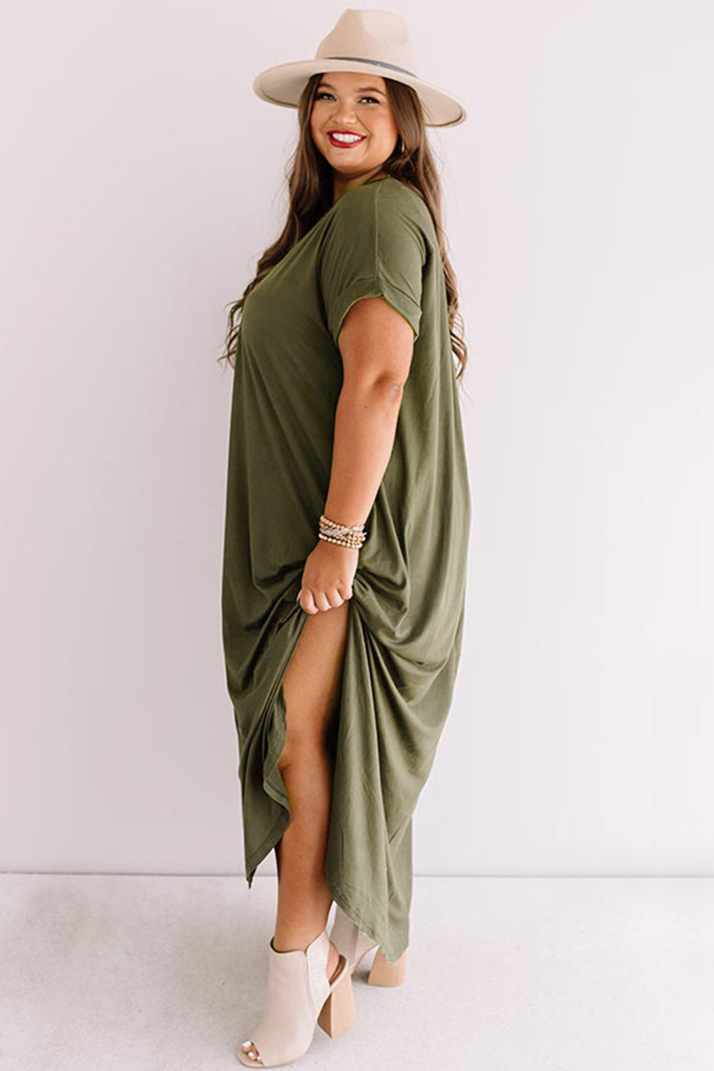 Green Plus Size V Neck Rolled Cuffs Maxi Dress - Premium Plus Size from Momma Done Gone Crafty- Just $35.99! Shop now at Momma Done Gone Crafty