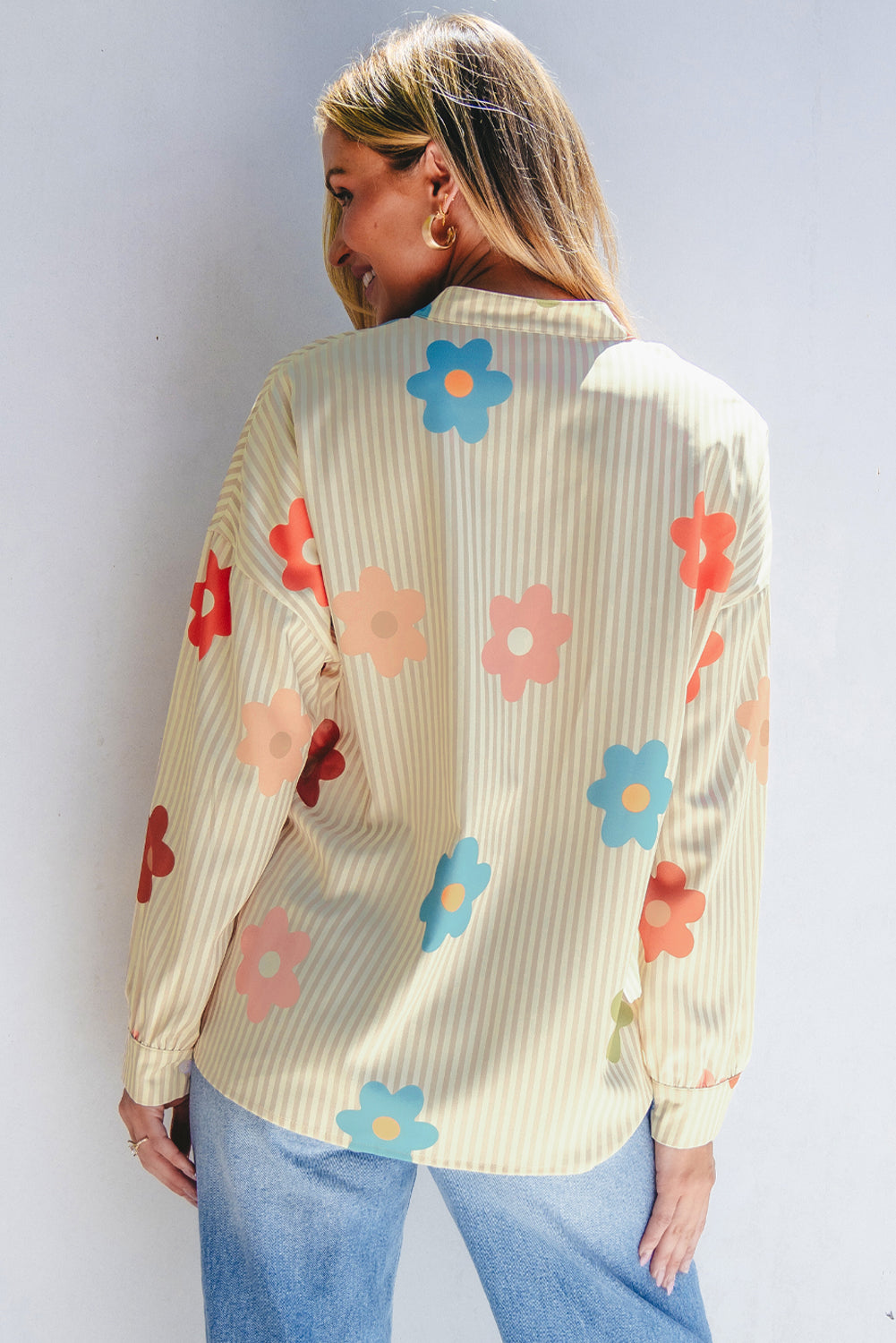 Apricot Stripe Flower Print Collared Button-up Loose Fit Shirt - Premium Sale (50% OFF)/30% OFF from Ashes 2 Wildflowers Boutique, LLC- Just $20.29! Shop now at Ashes 2 Wildflowers Boutique, LLC