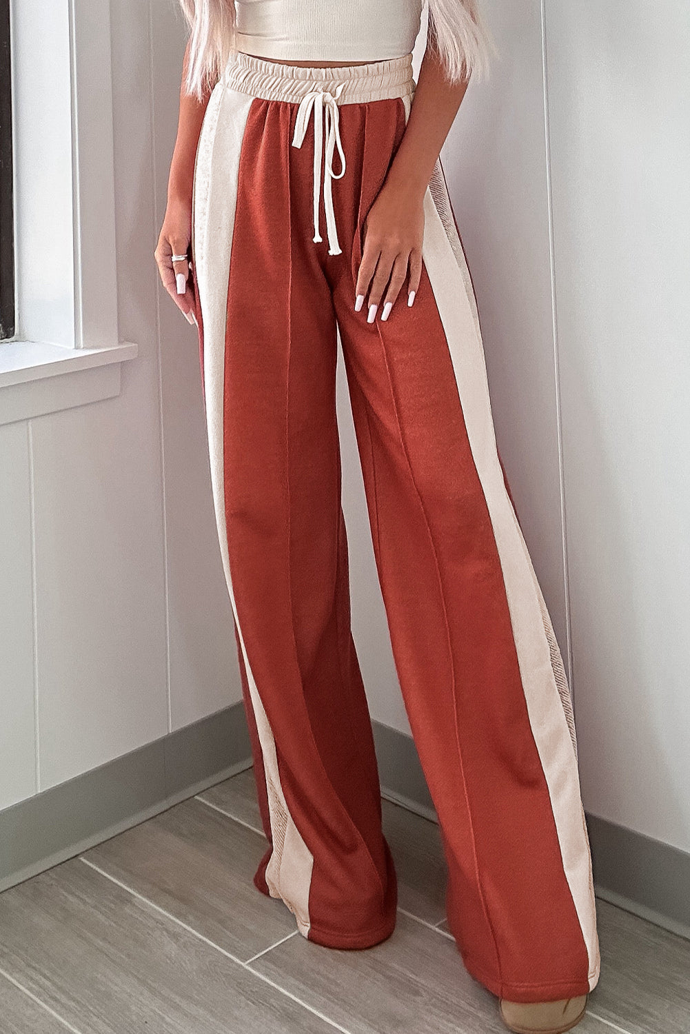 Flamingo Color Block Drawstring High Waist Wide Leg Pants - Premium Bottoms/Pants & Culotte from Momma Done Gone Crafty- Just $27.60! Shop now at Momma Done Gone Crafty