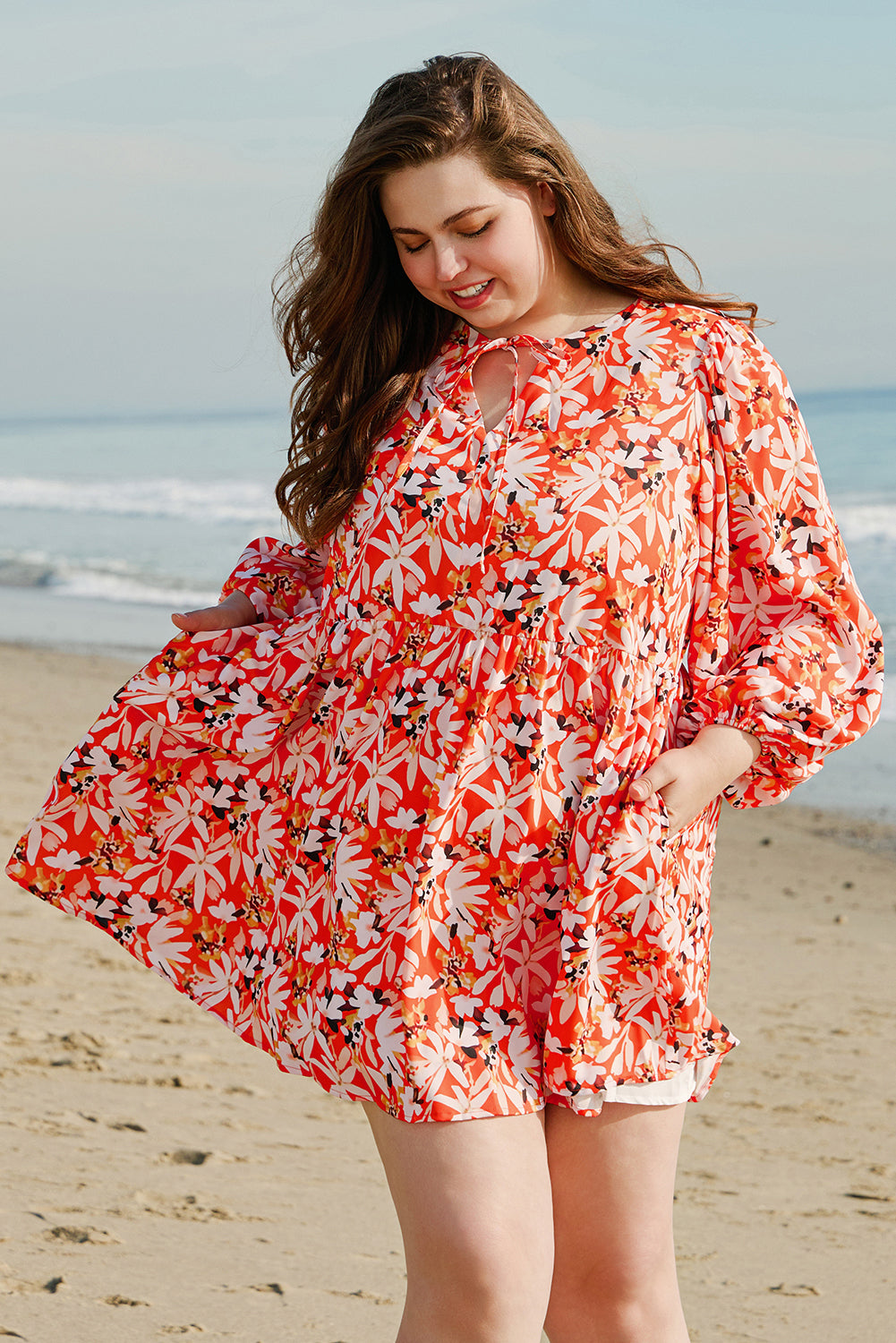Orange Floral Print Split V Neck Bubble Sleeve Plus Size Midi Dress - Premium Plus Size/Plus Size Dresses/Plus Size Midi Dresses from Momma Done Gone Crafty- Just $38.70! Shop now at Momma Done Gone Crafty