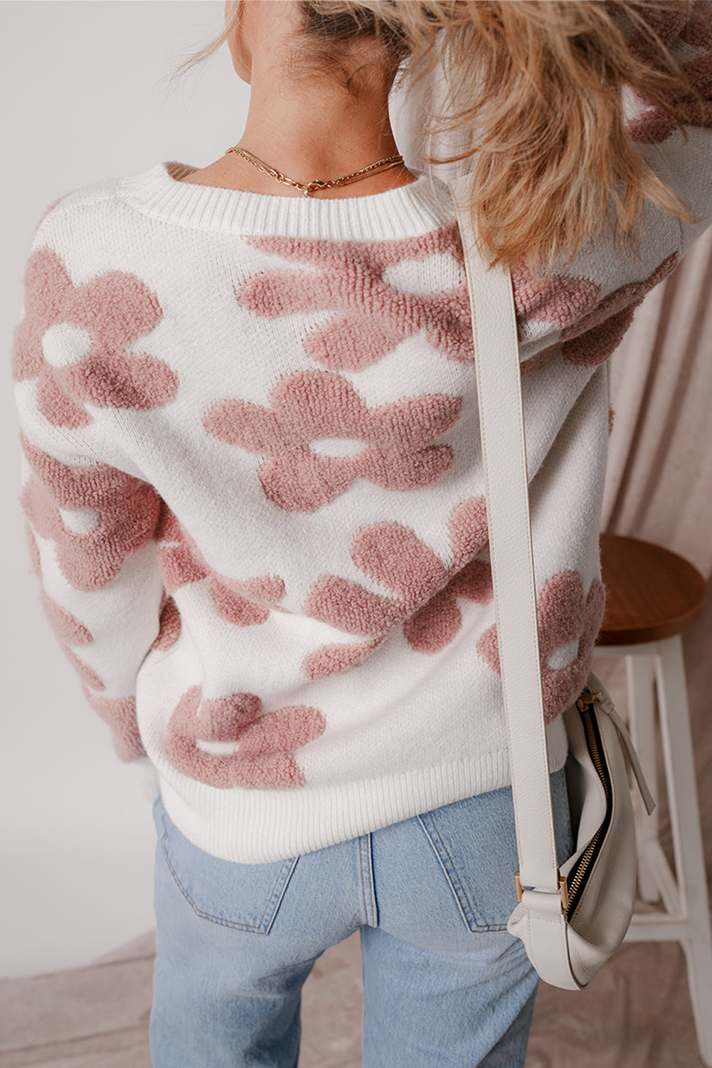 White Textured Flower Drop Shoulder Loose Sweater - Premium Sweaters & Cardigans/Sweaters from Ashes 2 Wildflowers Boutique, LLC- Just $36.43! Shop now at Ashes 2 Wildflowers Boutique, LLC