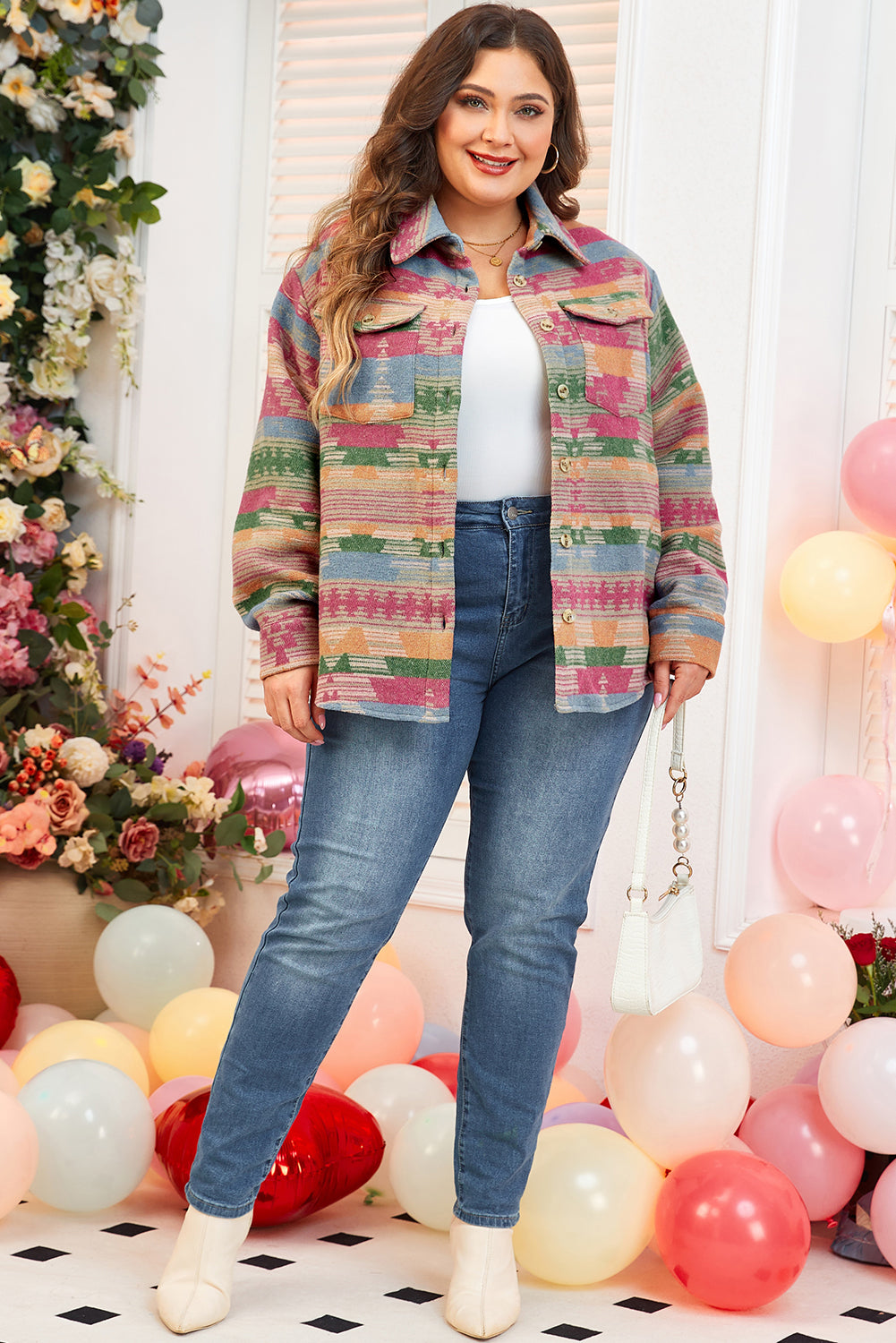 Pink Plus Size Aztec Printed Flap Pocket Shacket - Premium Sale (50% OFF)/30% OFF from Ashes 2 Wildflowers Boutique, LLC- Just $38.90! Shop now at Ashes 2 Wildflowers Boutique, LLC