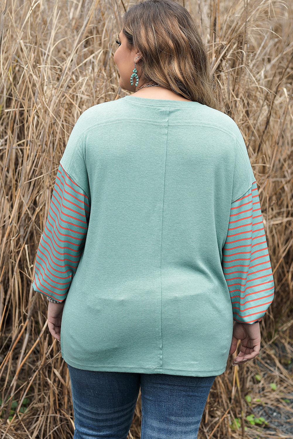 Green Plus Size Striped Long Sleeve Colorblock Tee with Slits - Premium Plus Size from Momma Done Gone Crafty- Just $35.99! Shop now at Momma Done Gone Crafty
