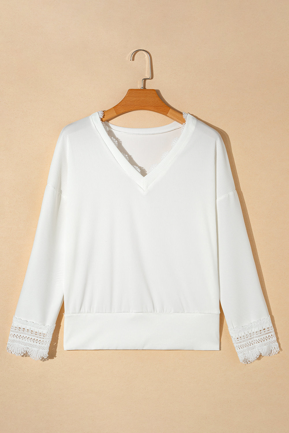 White Ribbed Texture Lace Trim V Neck Long Sleeve Top - Premium Tops from Momma Done Gone Crafty- Just $42.60! Shop now at Momma Done Gone Crafty