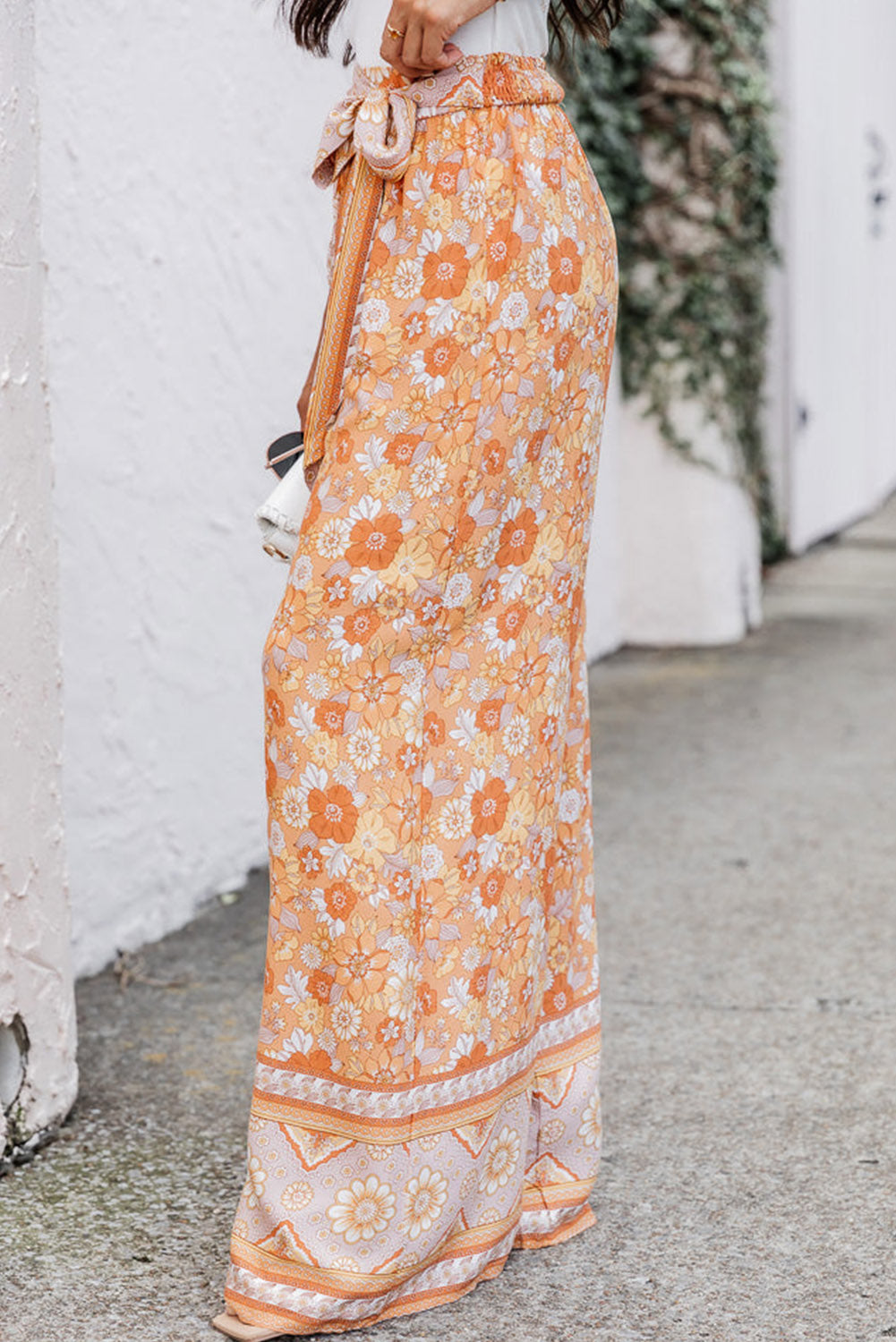 Grapefruit Orange Tie Waist Boho Floral Wide Leg Pants - Premium Bottoms from Momma Done Gone Crafty- Just $36.27! Shop now at Momma Done Gone Crafty
